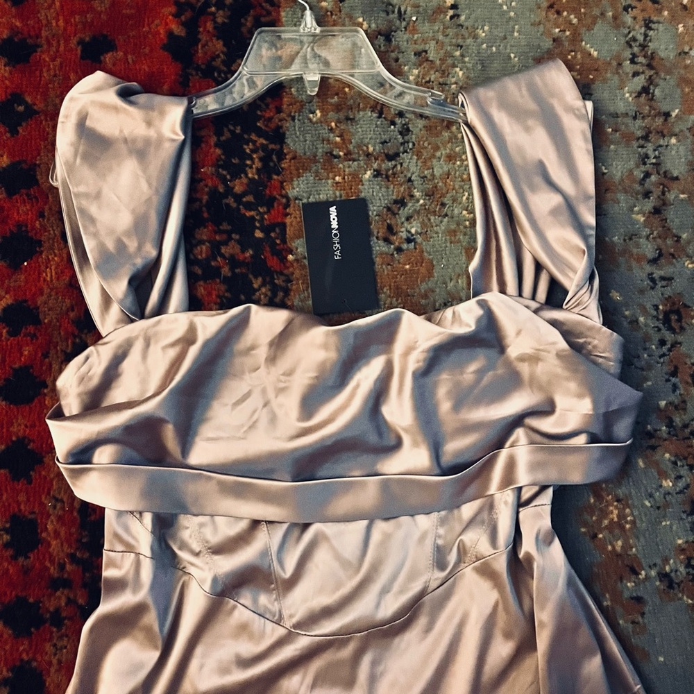 Fashion Nova Off-Shoulder has Satin Mini Dress in lilac - Picture 5 of 6
